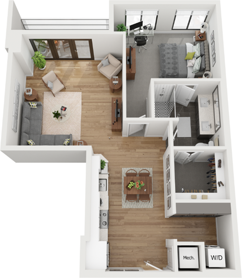 Floor plan for 1 bed, 1 bath, 898 sqft